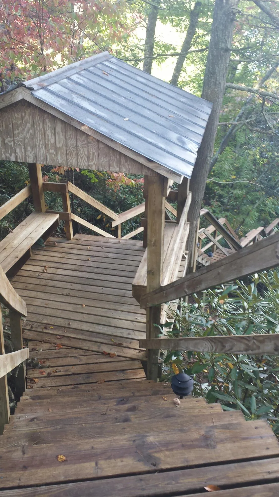 Metal roofed shelter over wooden steps on a wooded walkway — Skylight Repair & Installation work by our crew in Fort Myer